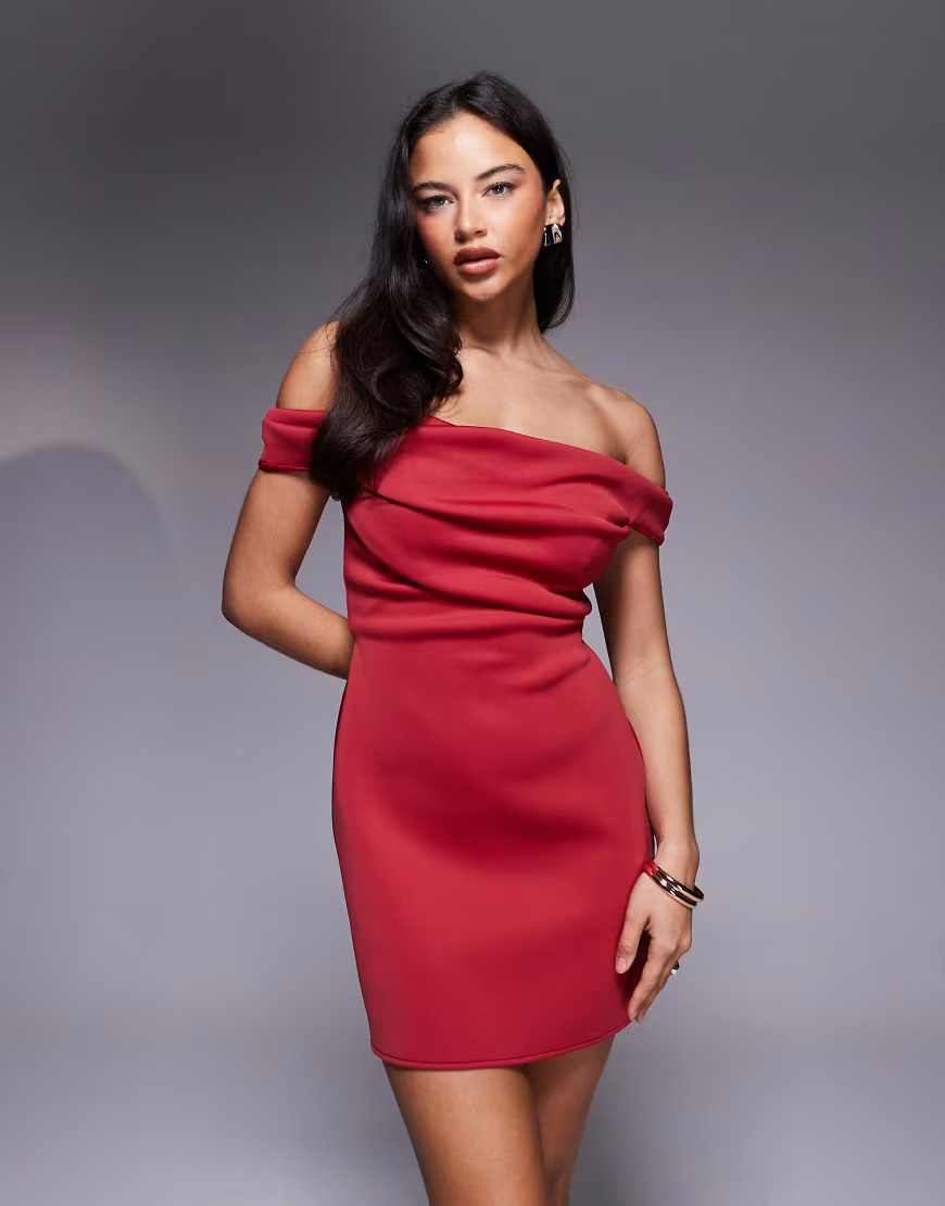 ASOS DESIGN off the shoulder mini dress in dark red scuba-style fabric | ASOS (Global)