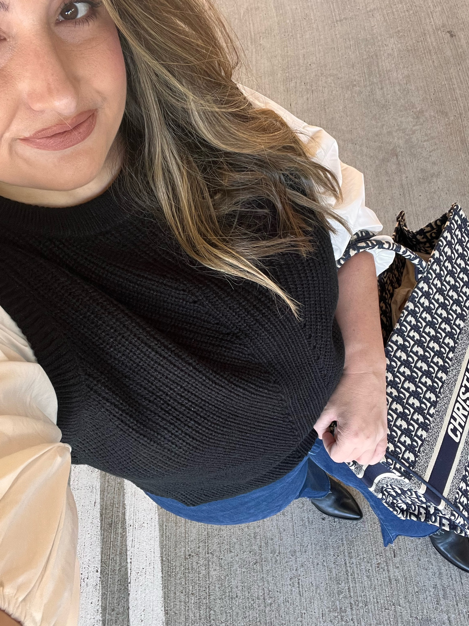 Fall outfits, sweater weather, black boots, Dior book tote 