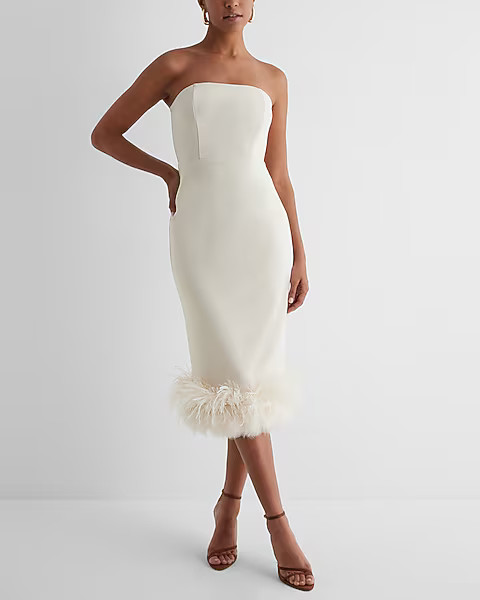 Strapless Feather Hem Midi Sheath Dress | Express