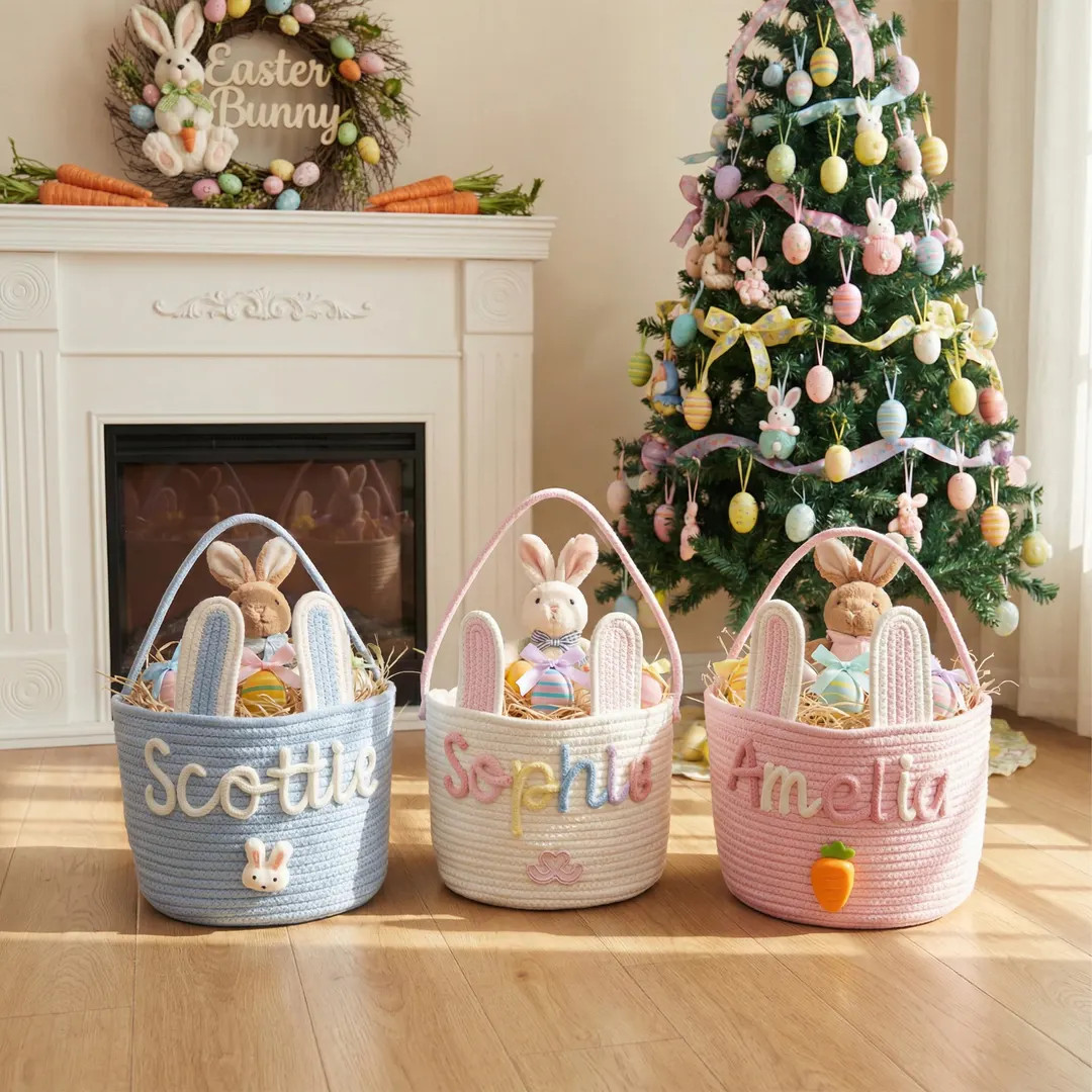 Boho Easter Basket With Name, Farmhouse Bunny Decor, Cotton Rope Storage Caddy, Personalized Egg ... | Etsy (US)