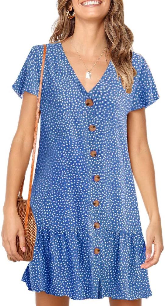 Imysty Womens Polka Dot V Neck Button Down Ruffles Loose Mini Short T-Shirt Dress | Amazon (US)