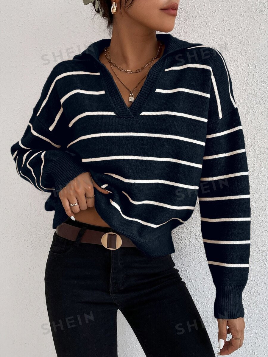 SHEIN Frenchy Striped Notched Drop Shoulder Sweater | SHEIN