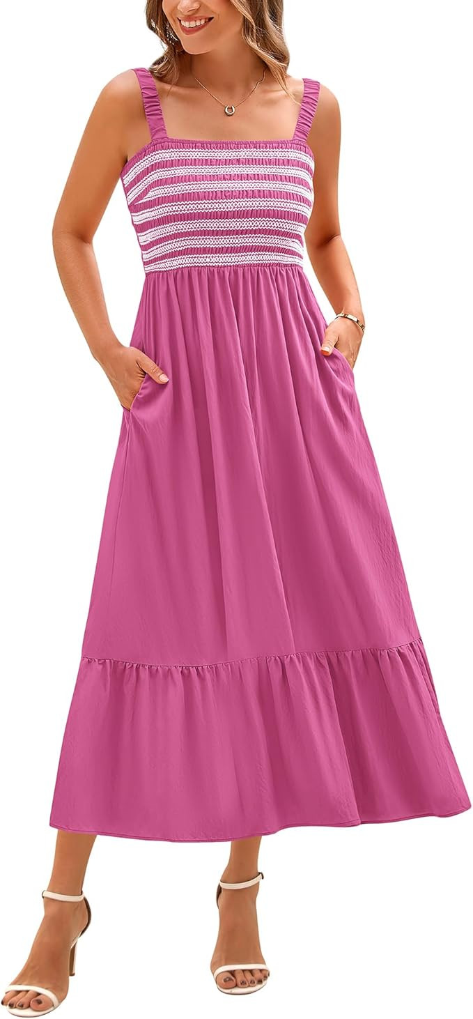 BTFBM Summer Midi Dresses for Women 2025 Sleeveless Square Neck Smocked Flowy Long Beach Vacation... | Amazon (US)