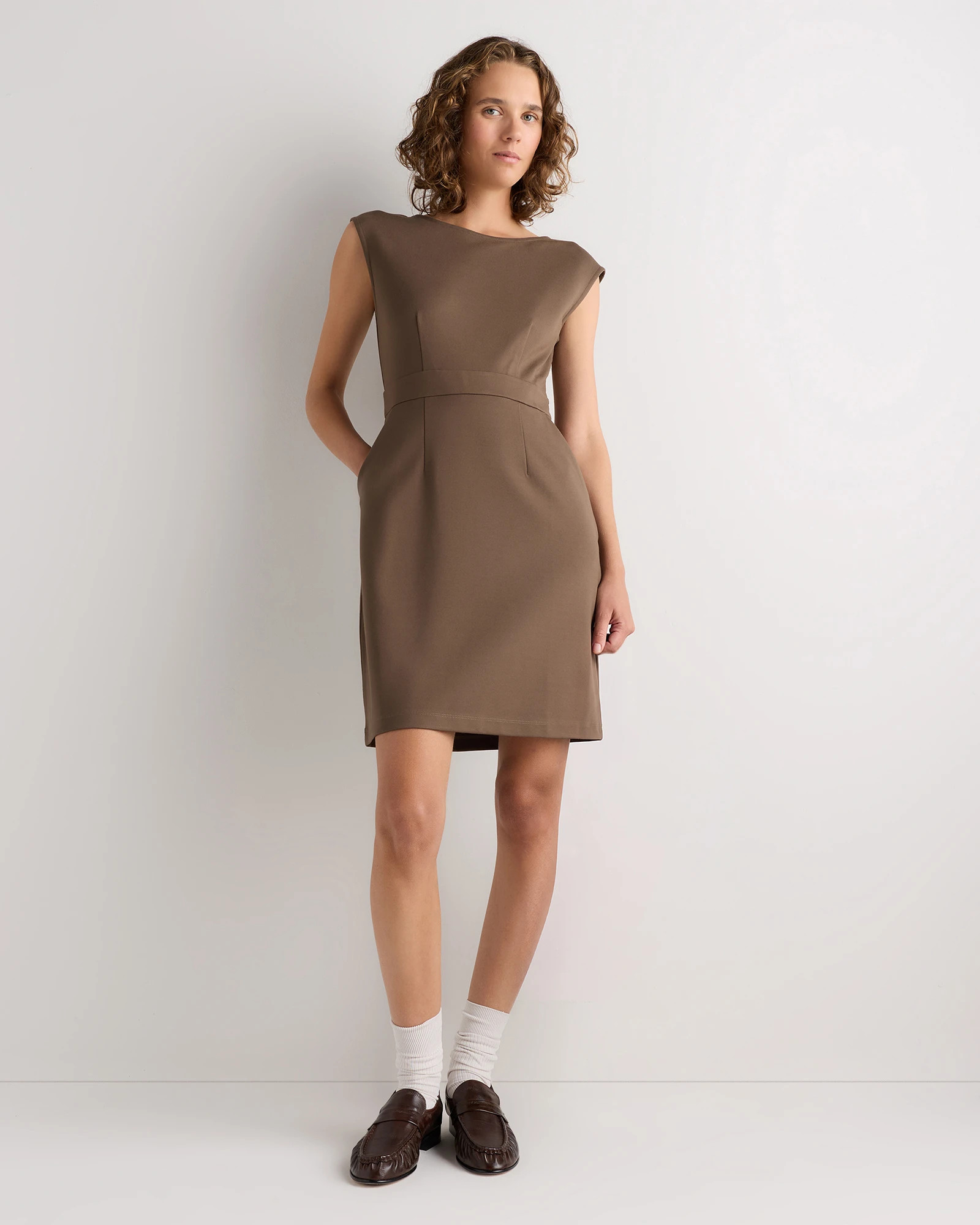 Quince | Women's Ultra-Stretch Ponte Cap Sleeve Dress in Ecru, Size XL, Rayon | Quince