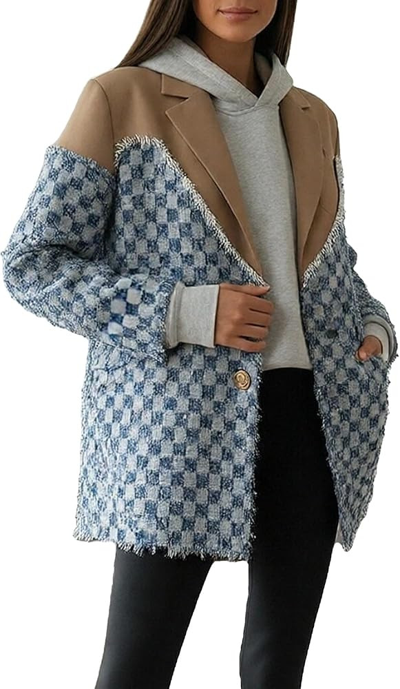 Vaceky Oversized Denim Blazer Women Patchwork Checkered Notched Lapel Jean Jacket | Amazon (US)