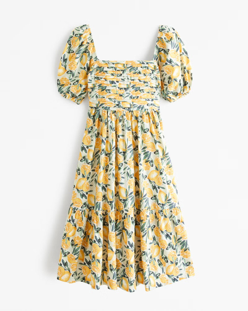 Emerson Linen-Blend Puff Sleeve Midi Dress | Abercrombie & Fitch (US)