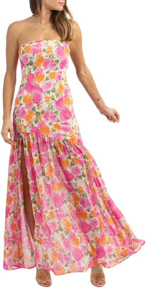 Womens Strapless Maxi Dress Slim High Slit Mesh Long Dress Sexy Party Club Night Out Dress 2024 S... | Amazon (US)