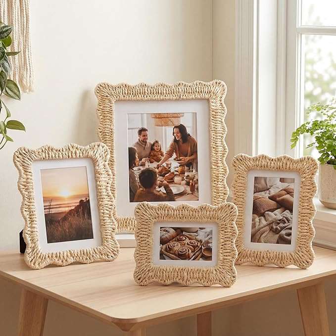 Kathfly Boho Picture Frames Set of 4 Rattan Scalloped Picture Frame Woven Handmade Photo Frames f... | Amazon (US)