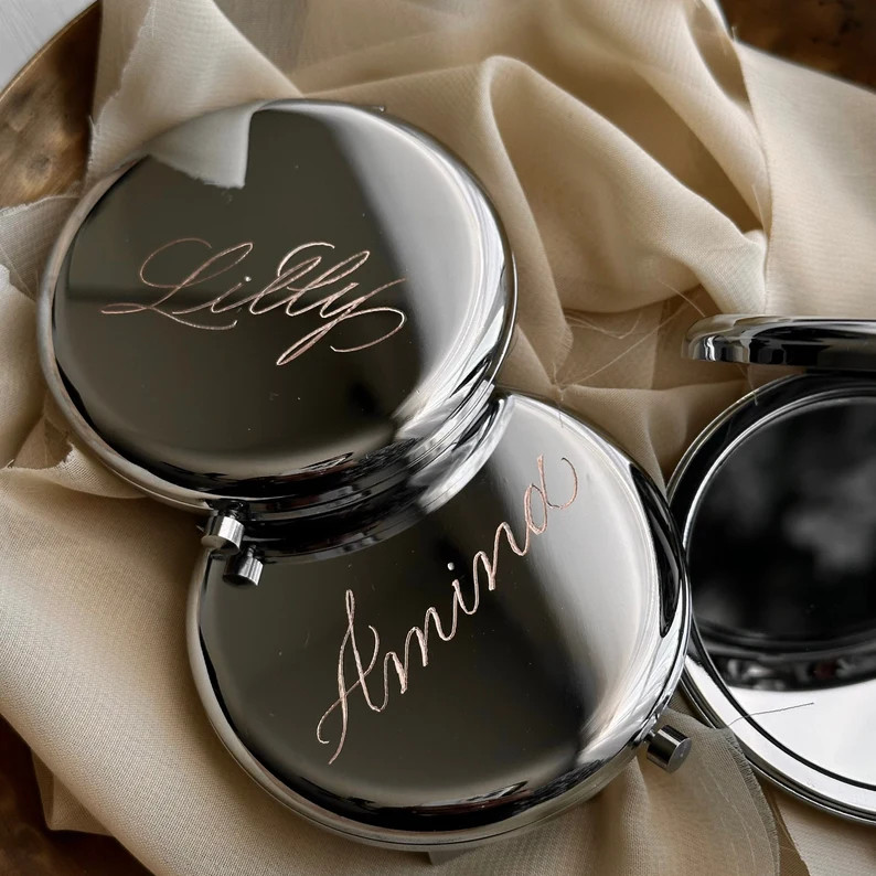 Calligraphy Engraved Compact Mirror | Personalized Gifts | Bridesmaids | Bachelorette | Place Car... | Etsy (US)