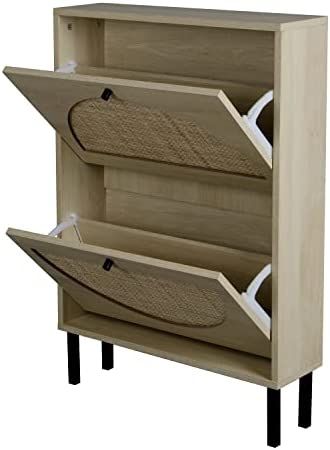 Natural Rattan Shoe Cabinet with 2 Flip Drawers, Modern 2-Tier Shoe Rack Storage Cabinet for Heel... | Amazon (US)