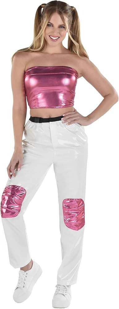 Womens Multicolor 90's Pop Princess Costume Pink Metallic Top White Pants Outfit Pink Crop Top | Amazon (US)