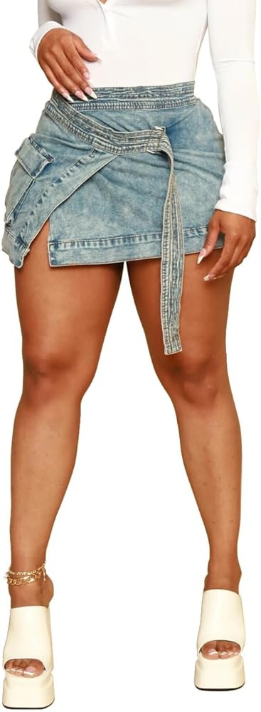 HTD Women's Mini Denim Skirts Sexy Short Jean Skirt Irregular with Pockets | Amazon (US)