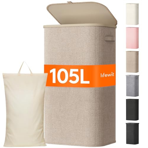 Lifewit 105L Large Laundry Basket with Lid, Laundry Hamper with Plastic Handles and Removable Bag, Foldable Tall Dirty Clothes Hampers for Laundry for Laundry Room, Bedroom, Bathroom, Dorm, Beige | Amazon (US)