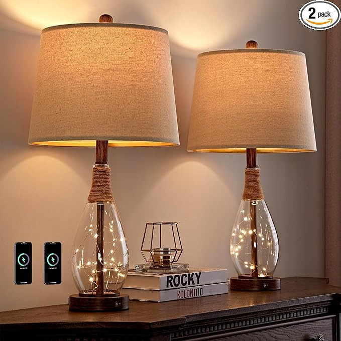 OYEARS 23" USB A+C Table Lamp Sets of 2 Modern Bedside Lamps Retro Farmhouse Rattan Glass Nightst... | Amazon (US)