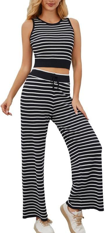 Women's Two Piece Sets 2 Piece Outfits Knit Striped Sleeveless Crop Tops and Wide Leg Pant Lounge... | Amazon (US)