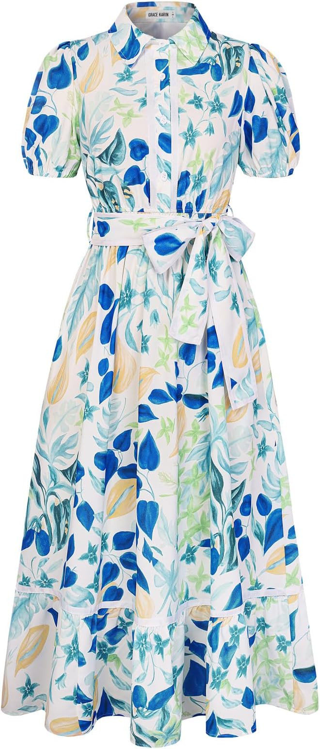 GRACE KARIN Women Summer Floral Maxi Dresses 2026 Wedding Guest Puff Sleeve Shirt Sundresses Boho... | Amazon (US)