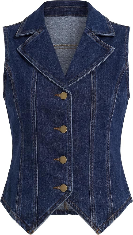 Ladyful Women's Denim Vest Tops Lapel Collar Button Down Sleeveless Jean Vest Waistcoat Blazer | Amazon (US)