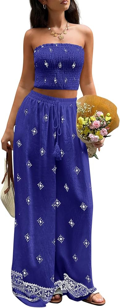 PRETTYGARDEN 2 Piece Sets for Women Summer 2026 Travel Outfits Print Tube Tops Wide Leg Pants Bea... | Amazon (US)