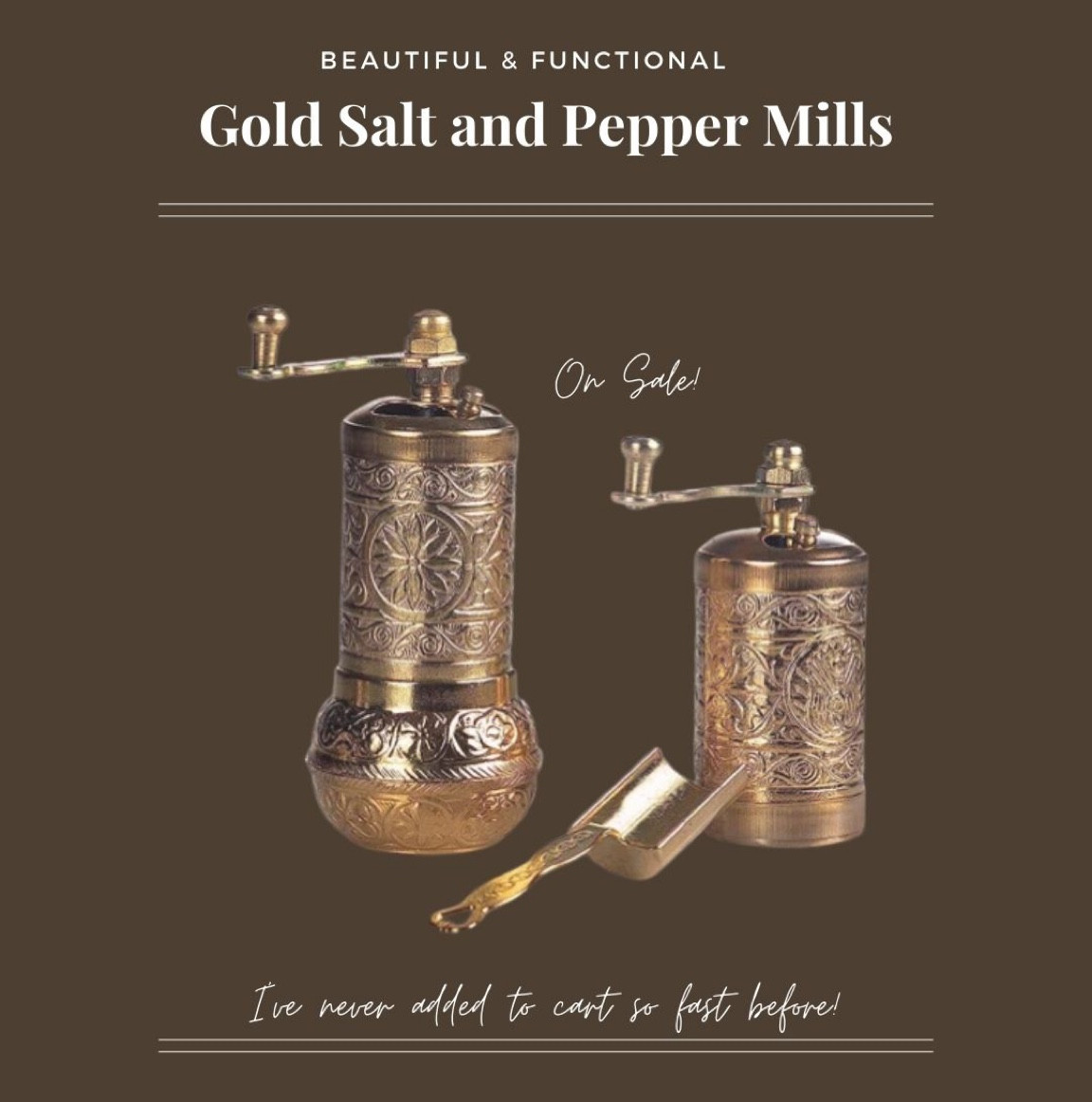Beautiful vintage gold salt and pepper grinders. Salt and Pepper Mills. Kitchen decor. Wayfair find. Under $20