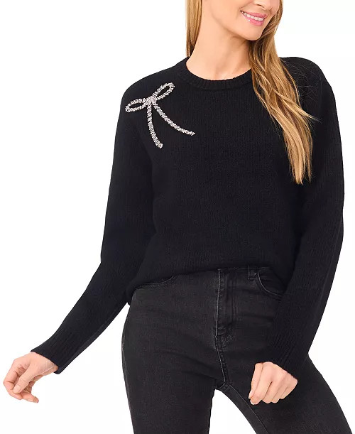 Women's Oversized Crewneck Bow Appliqué Long-Sleeve Sweater | Macy's