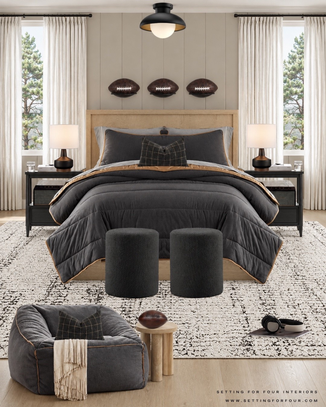Stylish boys bedroom with football accents, desk and lounge area-  mood board design and decor ideas. Neutral aesthetic, teen bedroom, kids room, flush mount light, black, brown, beige and white, comforter, bedding, desk, desk chair, desk lamp, boys bed, wood bed, homework area, study zone, nightstands, lounge chair, end table, table lamps, boy, teenager, wall art, organic modern, minimalist, transitional, Pottery Barn style, Crate & Barrel, Amazon home.

#LTKkids #LTKsale #LTKhome