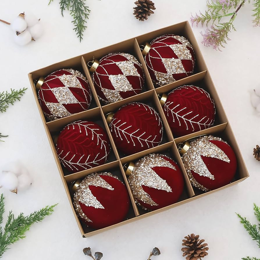 4inch Velvet Ornaments for Christmas Tree, 9PCS Glitter Flocked Christmas Ornaments Decorations B... | Amazon (US)