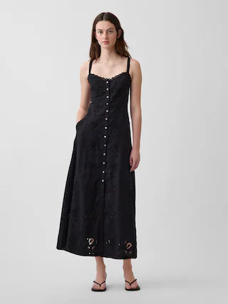 Linen-Blend Embroidered Button-Front Cami Maxi Dress | Gap (CA)