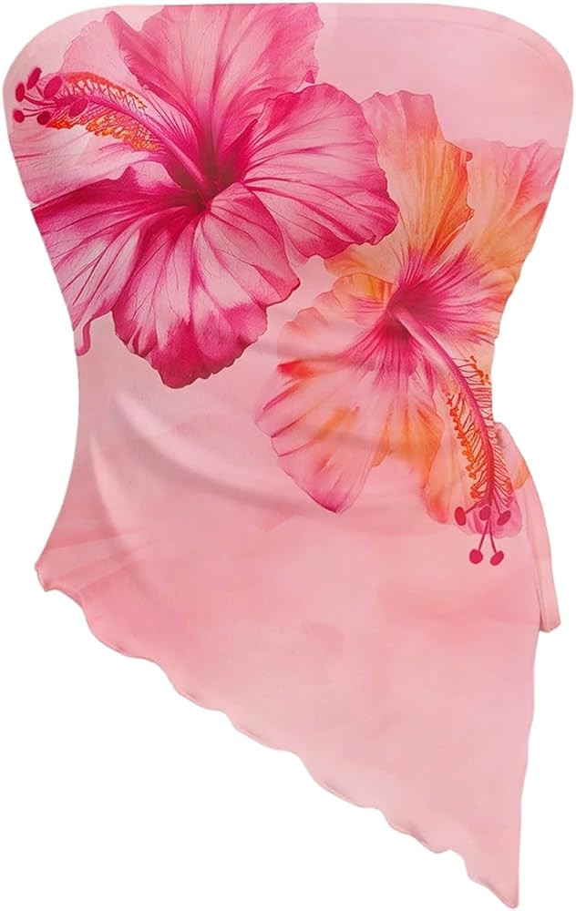 WDIRARA Women's Floral Mesh Strapless Side Ruched Tube Top Asymmetrical Hem Bandeau Crop Tops | Amazon (US)
