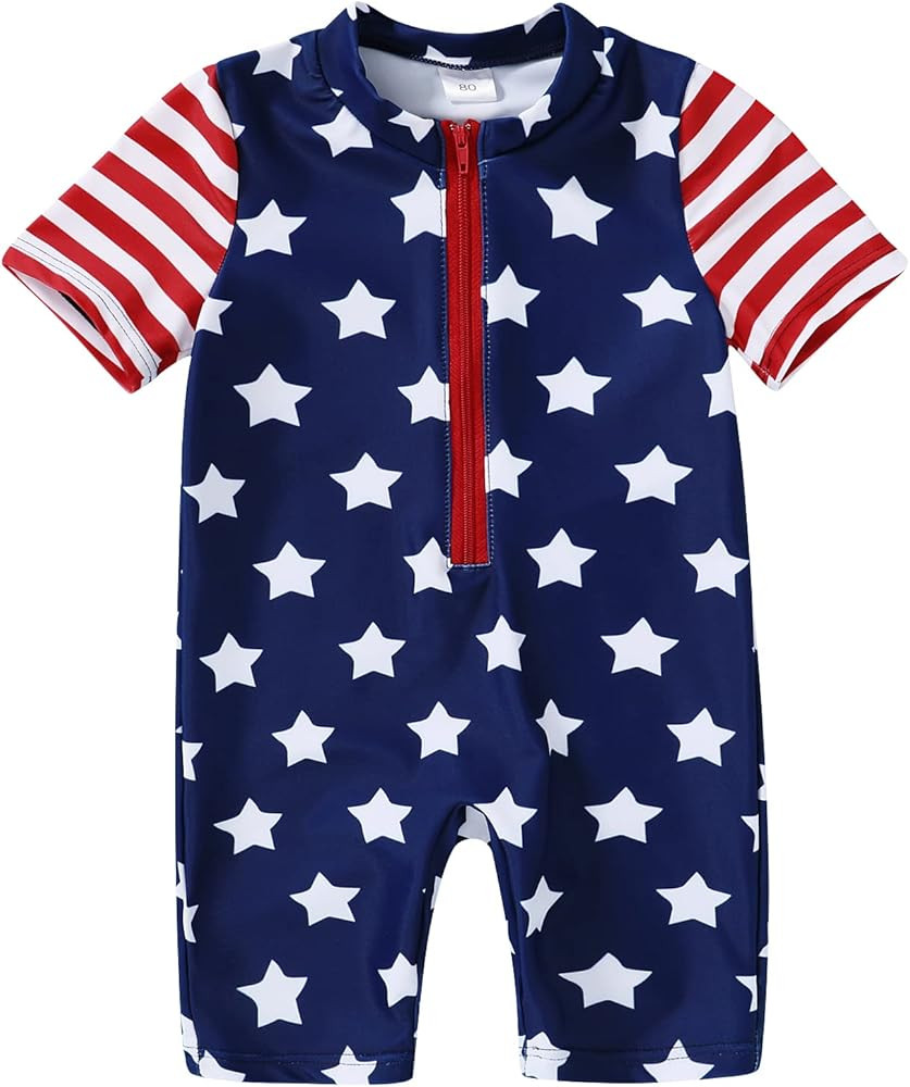 HAPPYMA Newborn Infant Baby Boy 4th of July One-Piece Zipper American Flag Print Bodysuit Swimwea... | Amazon (US)