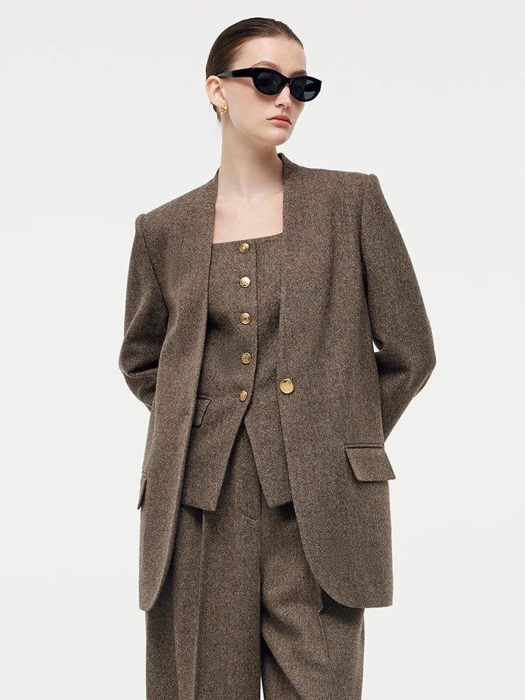 100% Washable Wool One Button Women Blazer - Coffee Brown / L | GOELIA