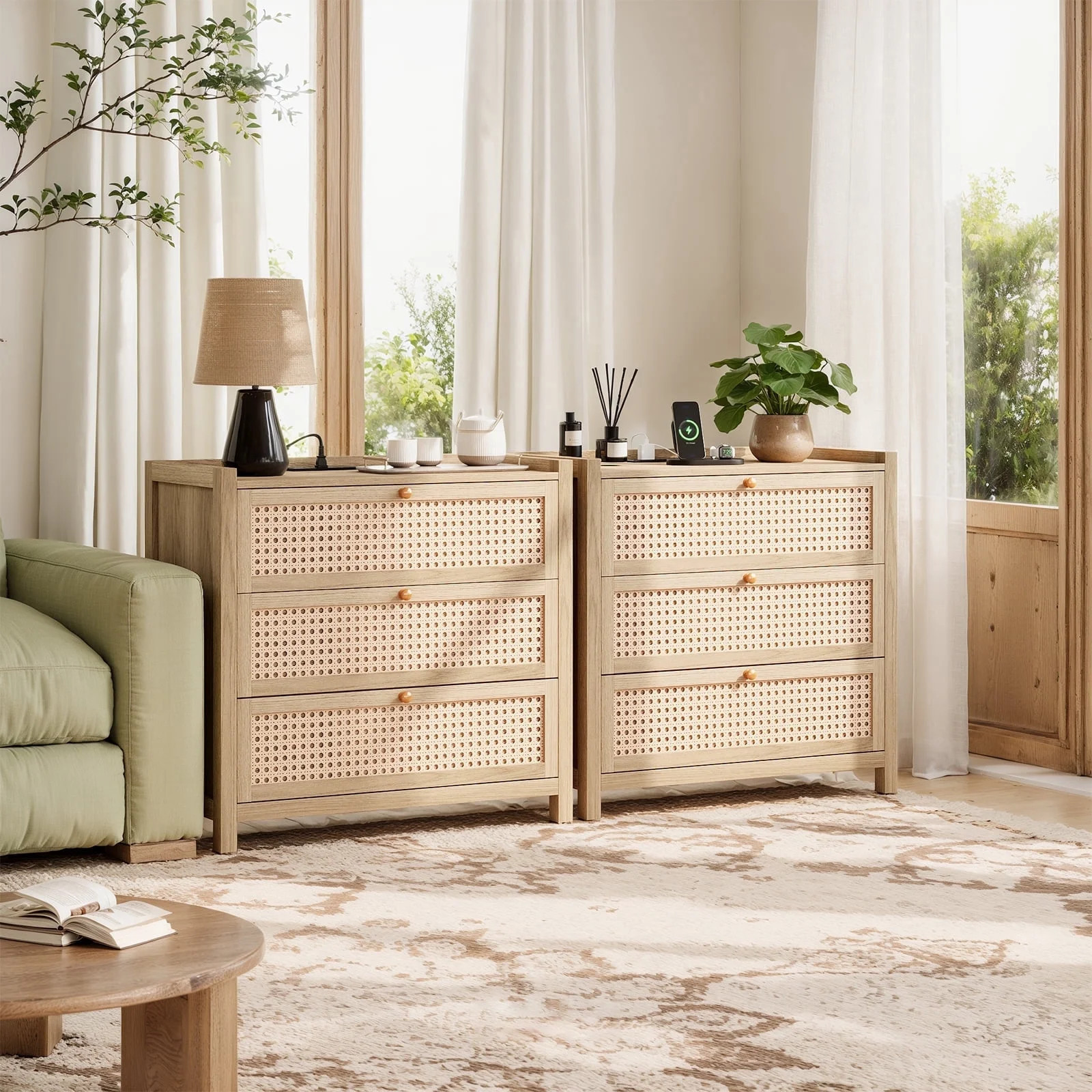 Holliwill 29.5"W Nightstand Set of 2 with Charging Station, 3 Drawers Dresser, Rattan Bedside Tab... | Walmart (US)