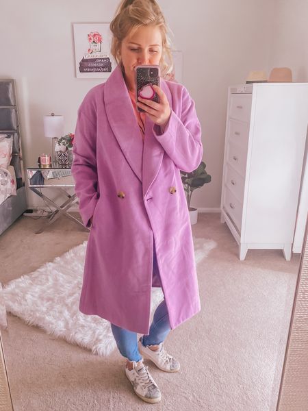 Shaw collar double-breasted coat. Lavender is sold out but bone, blue, black and red are sill in stock. This is an oversized coat. Size down if you don’t want that look. Comfy warm coat. Style down with sneakers or style up with heels or boots. 

#LTKSeasonal #LTKstyletip #LTKsalealert