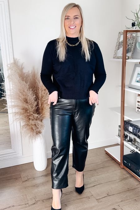 Abercrombie vegan leather pants. 
Midsize outfit. 
Midsize style. 
Fall outfit. 
All black outfit  

#LTKstyletip #LTKmidsize #LTKHolidaySale