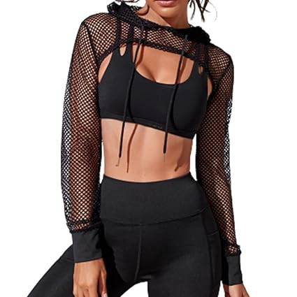 Womens Mesh Fishnet Long Sleeve Hoodie Drawstring Pullover Crop Top Hoodie Hollow Out Long Sleeve... | Amazon (US)