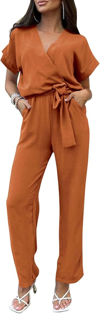 PRETTYGARDEN Women's Jumpsuit Casual Short Sleeve Wrap V Neck Belted Wide Leg Pants | Amazon (US)
