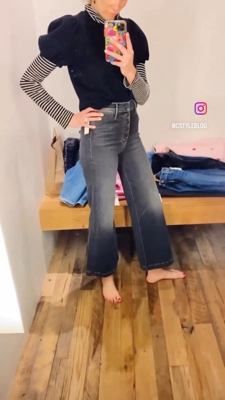 DENIM TRY-On: 

1st pair, Grey Cropped Flare- Length was right on both my 5’ 4” sister and me at 5’ 8”. Runs large, I went down 1 size.  Pairs well with slim profile shoes, pointed toe flats, boots or heels or skinny sneaker. 

2nd pair, Boot cut blue jean- Runs TTS, pairs well with pointed toe flats or heels.

3rd pair, Wide leg high waisted dark blue jean- Runs large, I went down 1 size. Pairs well with pointed toe flats or heels.

4th pair, Straight leg blue jean- Runs TTS- Pairs well with sneakers and boots that are tight around the ankle (it’s good to see the ankle)

5th pair, Runs small, I went up 1 size. Length was right on both my 5’ 4” sister and me at 5’ 8”.

Sweater- I know this is a denim try-on, but this sweater was too cute, soft, and comfy not to include. I’m wearing an xxs. 

#personalshopper #ltkpersonalshopper #personalstylist #denim