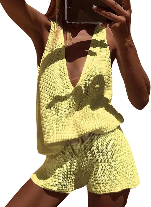 MakeMeChic Women's Summer 2 Piece Sets Deep V Neck Knit Tank Tops Mini Shorts Set Beach Vacation ... | Amazon (US)