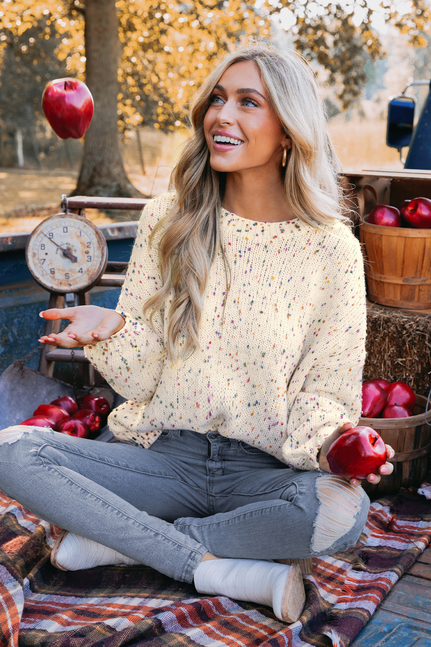 Rainbow Pom Pom Drop Sleeve Sweater - M | Cupshe US