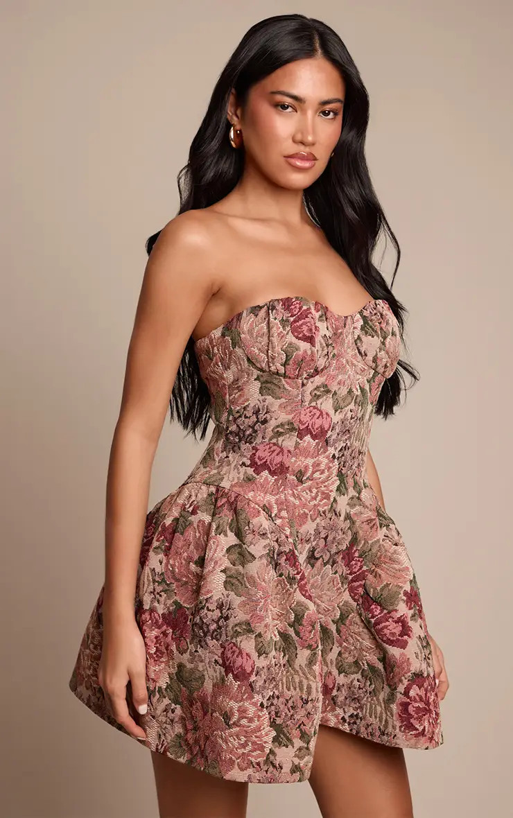 Pink Tapestry Bandeau Shift Dress | PrettyLittleThing US