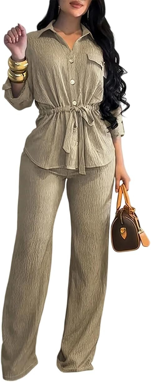 CHICME 2 Piece Sets for Women Summer Outfits Dressy Button-Down Shirt and Wide Leg Pants Drawstri... | Amazon (US)