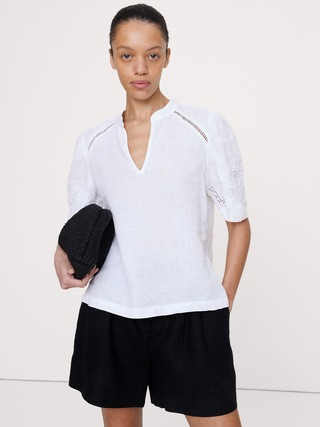 Embroidered Linen Puff-Sleeve Top | Banana Republic (US)
