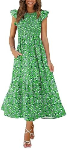 OFEEFAN Women's Casual Maxi Dresses with Pockets Ruffle Sleeve Smocked Dress XS-2XL | Amazon (US)