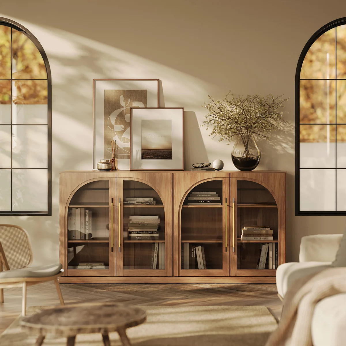 65" Arched Sideboard with Glass Door and Adjustable Shelves, Camel | Wayfair North America