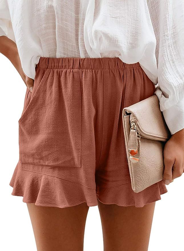 Paitluc Womens Elastic Waist Side Pockets Ruffle Linen Shorts Summer Casual Size S-XL | Amazon (US)