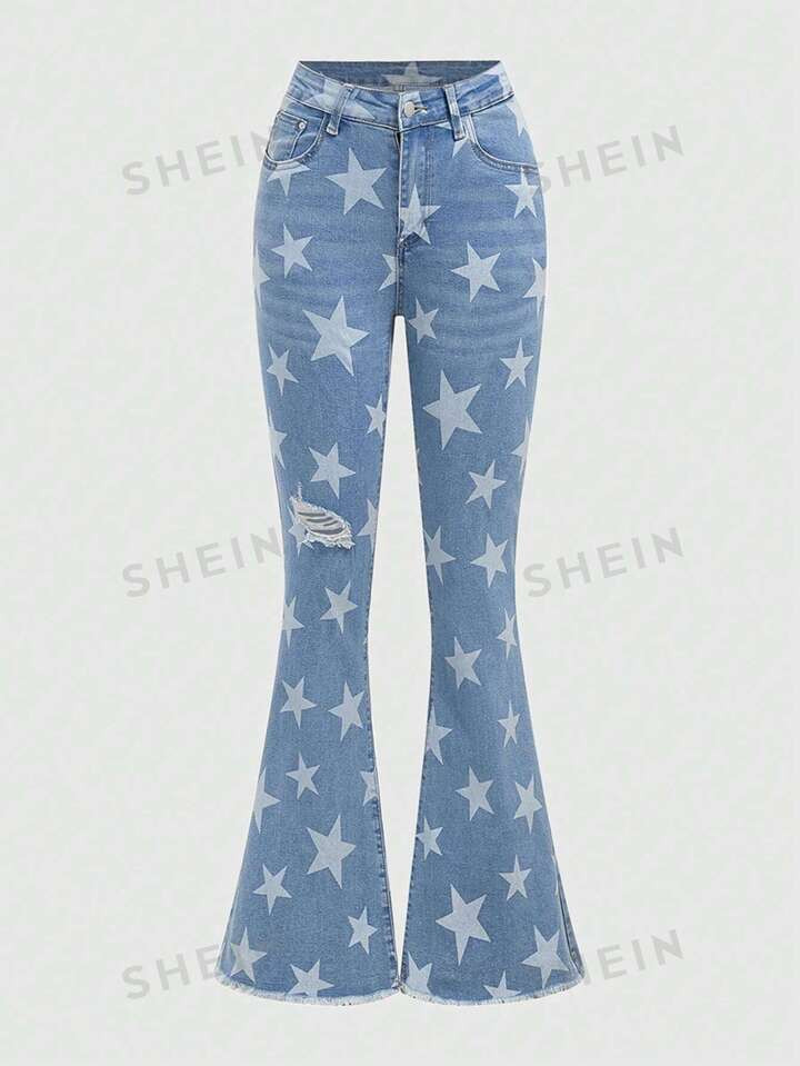 ROMWE Fairycore Women's Fashion Street Style Star Pattern Distressed Flared Jeans | SHEIN