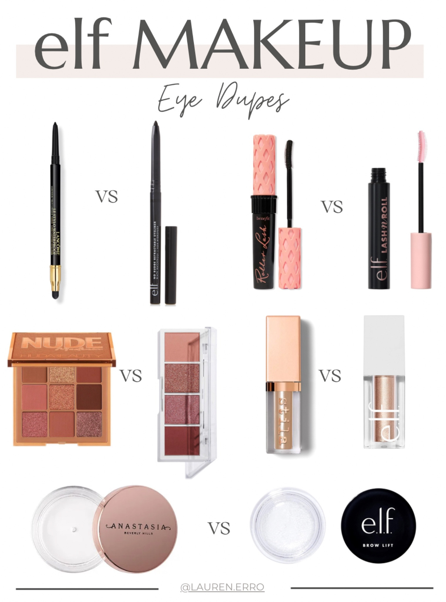 Elf eye makeup dupes!
.
.
.
Lancome eyeliner dupe, benefit roller lash dupe, buds beauty medium nude palette dupe, stila shimmer and glow dupe, Anastasia brow freeze dupe

#LTKbeauty #LTKfindsunder50 #LTKstyletip
