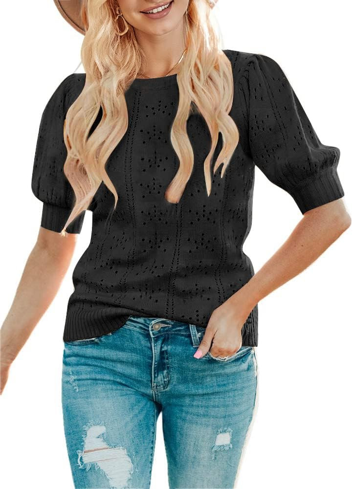 MEROKEETY Women's 2024 Fall Puff Short Sleeve Sweater Tops Crew Neck Crochet Knit Soft Pullover S... | Amazon (US)