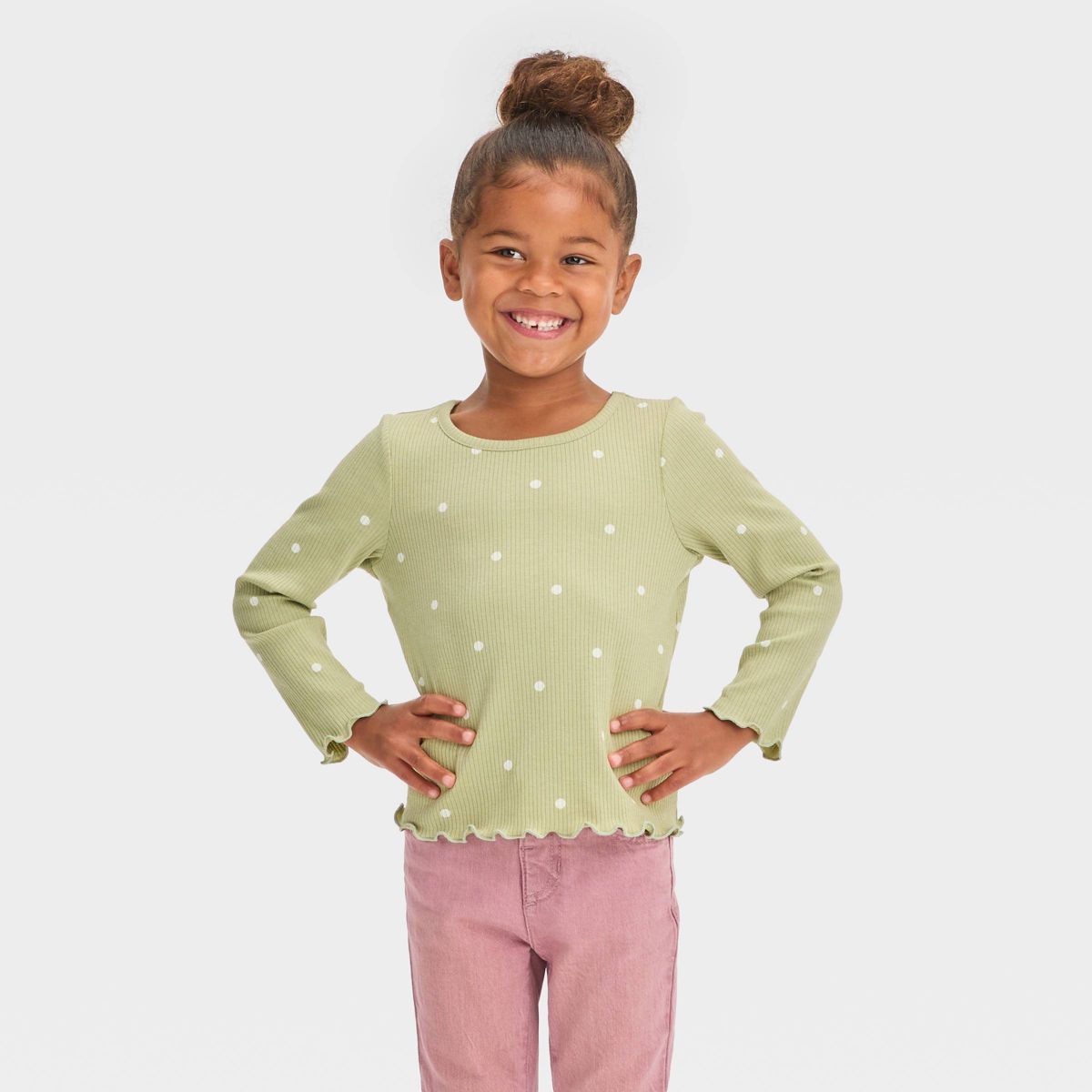 Toddler Girls' Dot Ribbed Long Sleeve T-Shirt - Cat & Jack™ Olive Green | Target