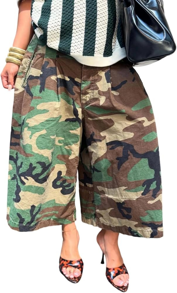 Unybwonn Women Baggy Cargo Jeans Camo Wide Leg Harem Capri Denim Pants | Amazon (US)