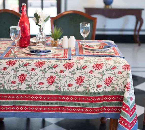 Indian tablecloth, Hand Block Printed Fabric ,Floral Indian Cotton Table Linen For Sale, Table Cl... | Etsy (US)